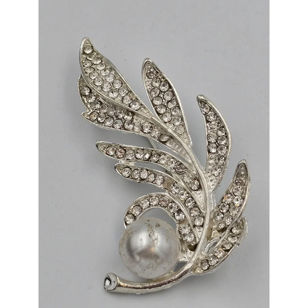 Elegant Silver Tone Rhinestone Pearl Leaf Brooch Pin‎ Fashion Jewelry